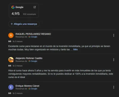 Reseñas de Google del programa Libertad inmobiliaria, 4,9 sobre 5